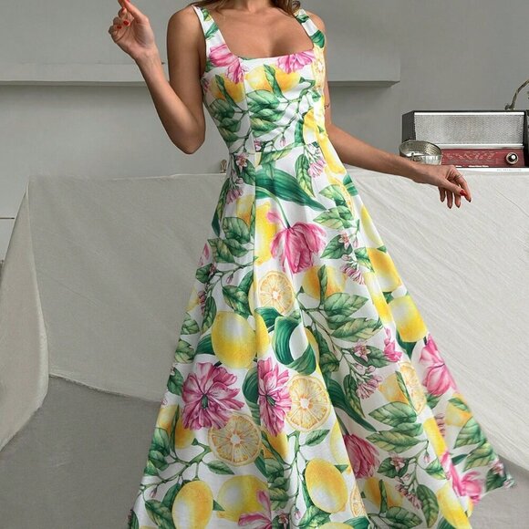 Boho Womens Floral & Fruit Print Backside Zipper Sleeveless Maxi Dress - Picture 3 of 6